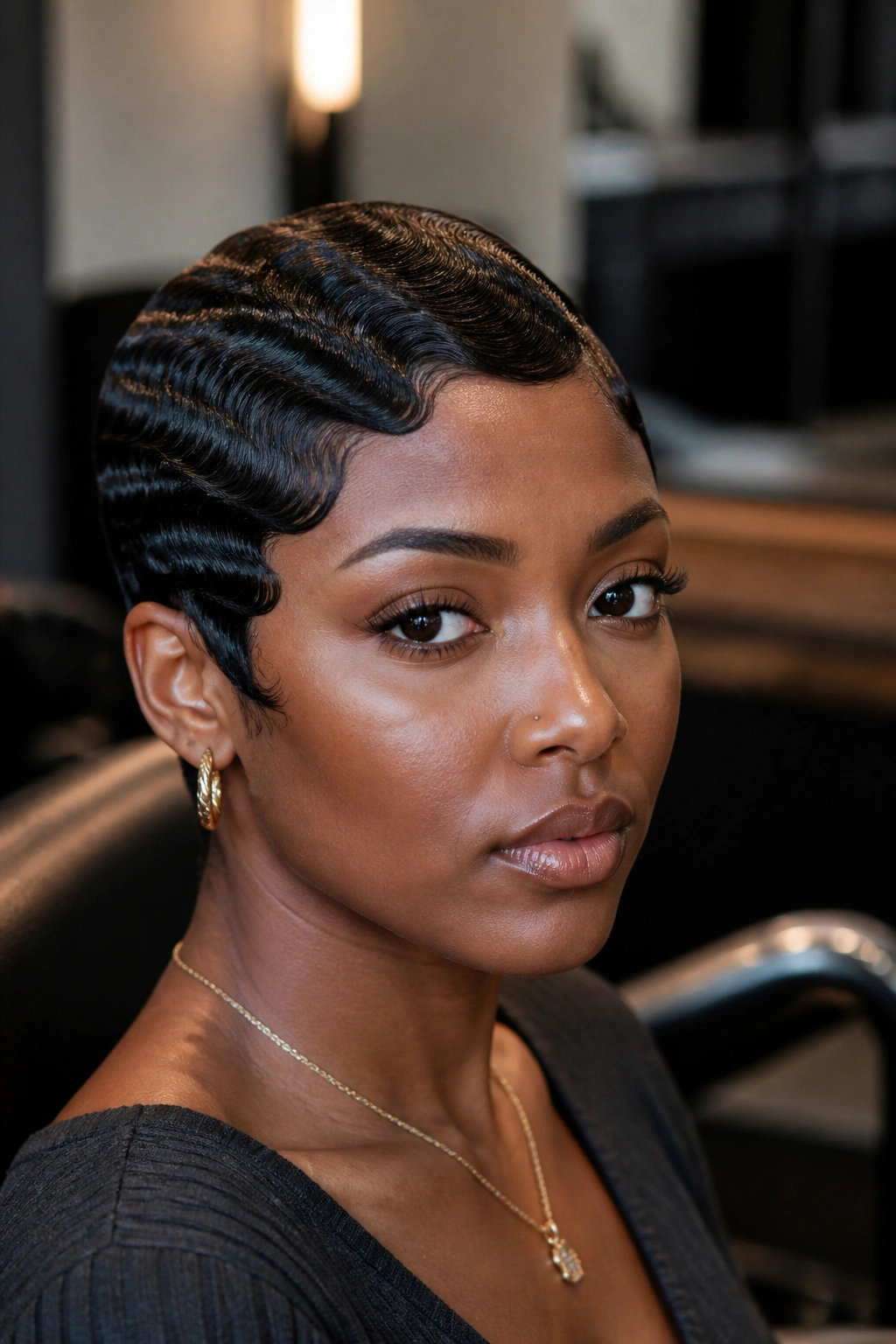 Close-up of a real Black woman with short cropped finger waves