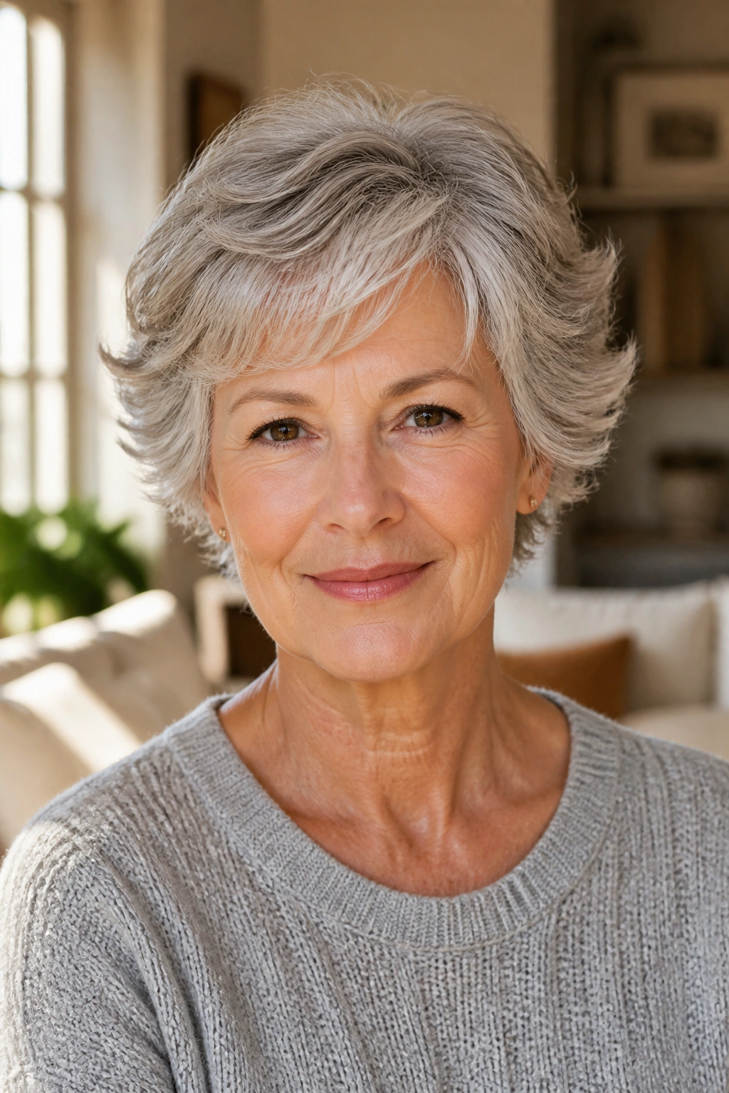 Close-up of a real woman with a short curled-out crop and pillow-soft ends in sunlit room