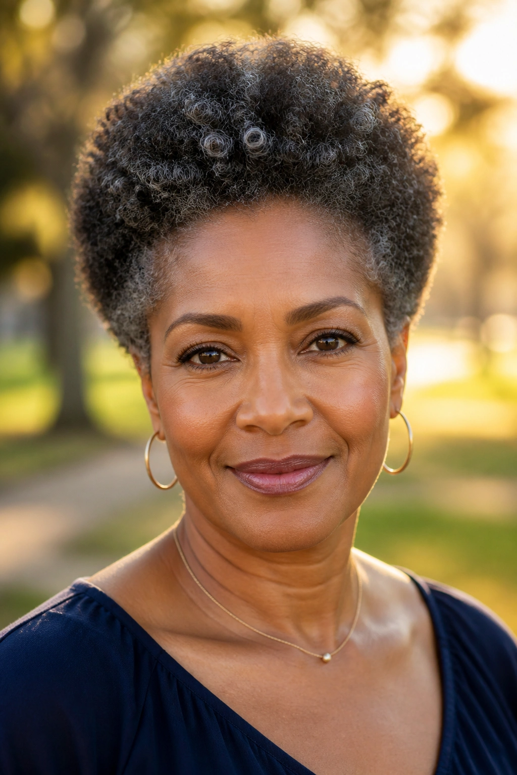 Close-up of a real woman with a short curly afro and defined shape
