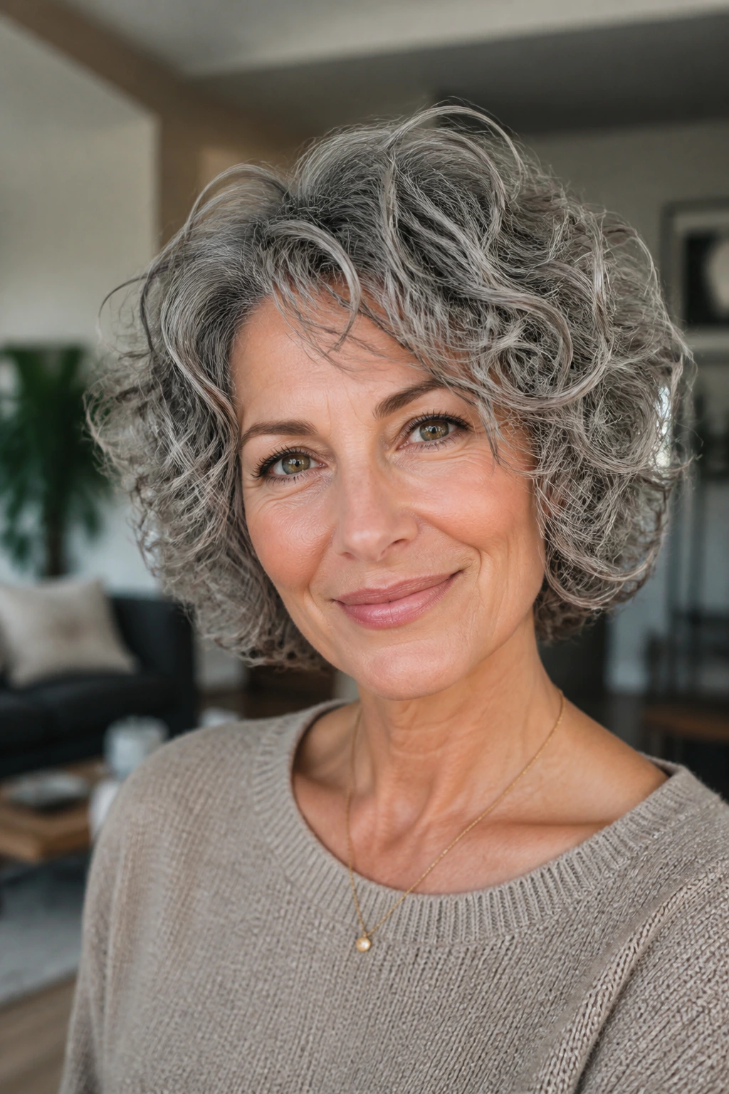 Close-up of a woman with a short curly bob with layers in natural light