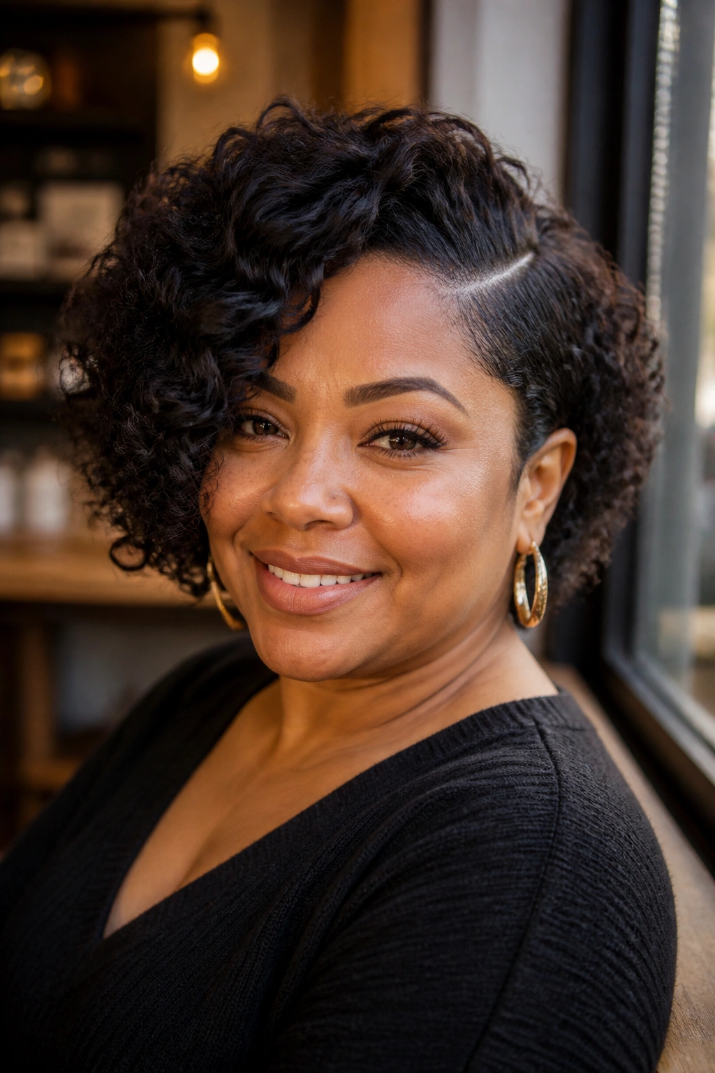 Close-up of a real woman with a short curly cut and deep side part