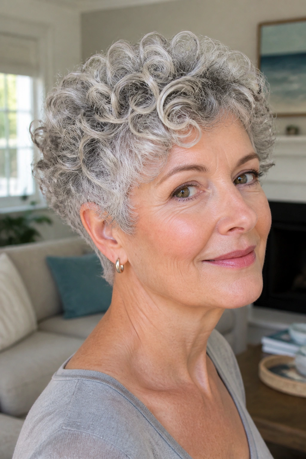 Close-up of a real woman with short silver-gray curls formed into defined ringlets