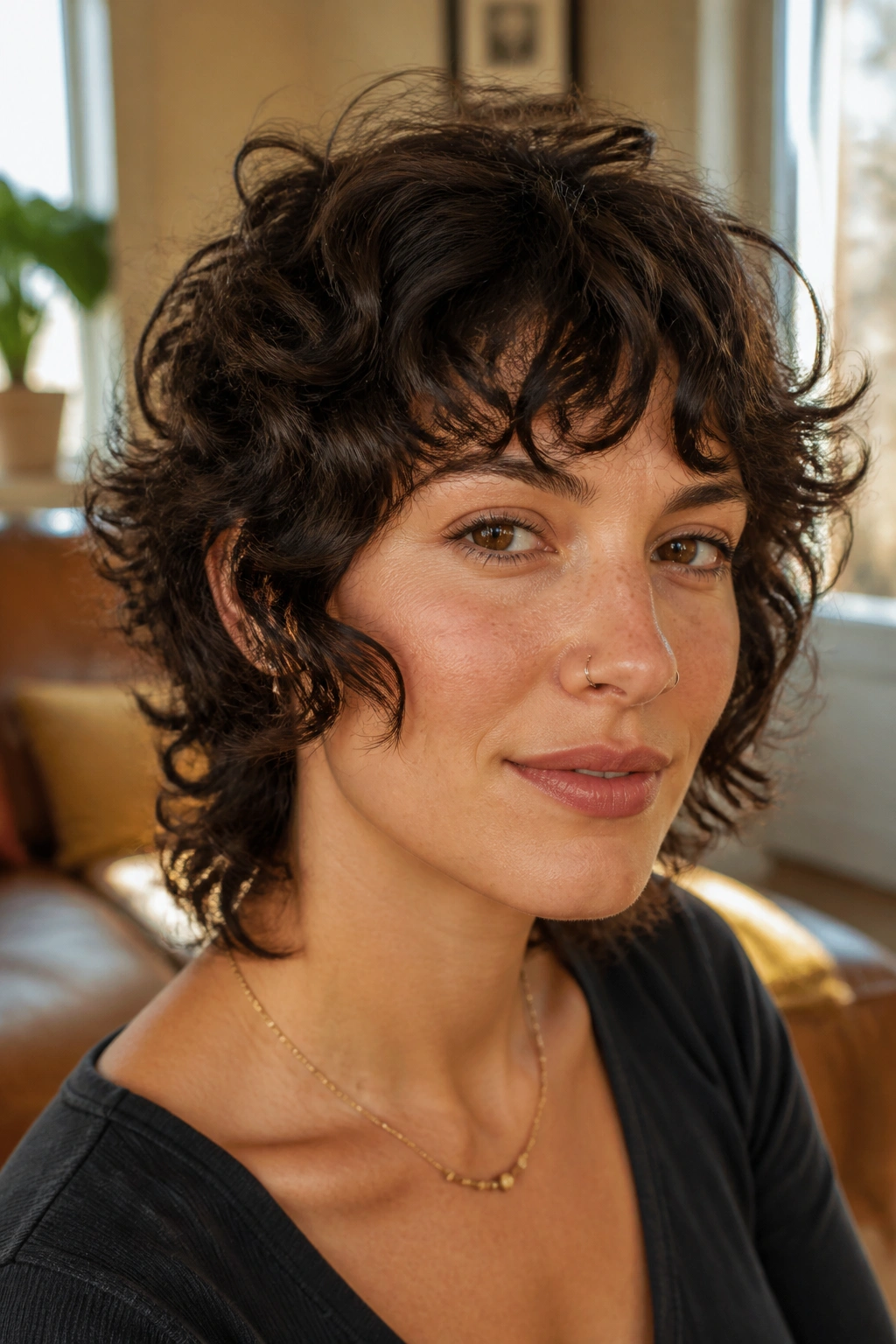 Close-up portrait of a real woman with cheekbone-length layers in a short curly shag.