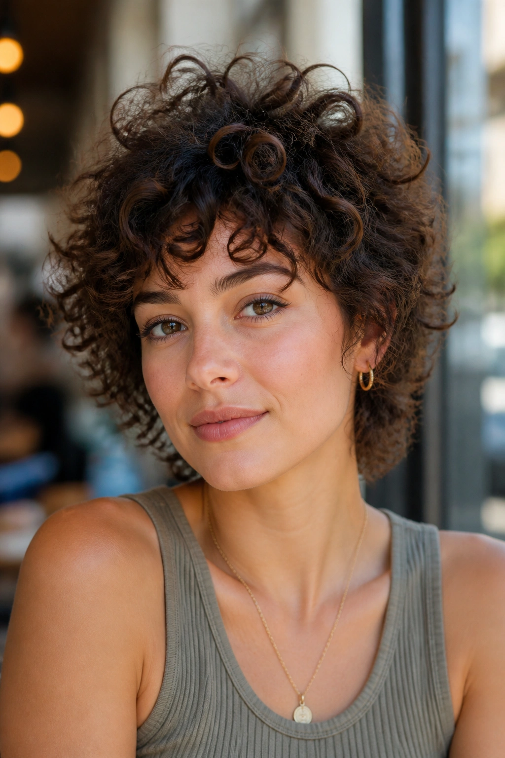 Close-up of a real woman with short curly shag and crown volume in a cafe setting