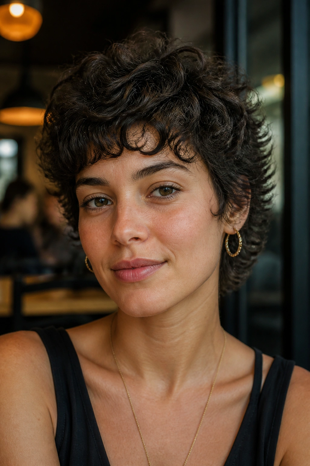Real person with short curly shag and micro layers in a cafe setting