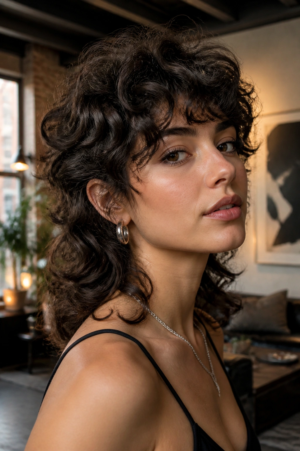 Medium close-up of a real person with short curly shag mullet and choppy crown layers