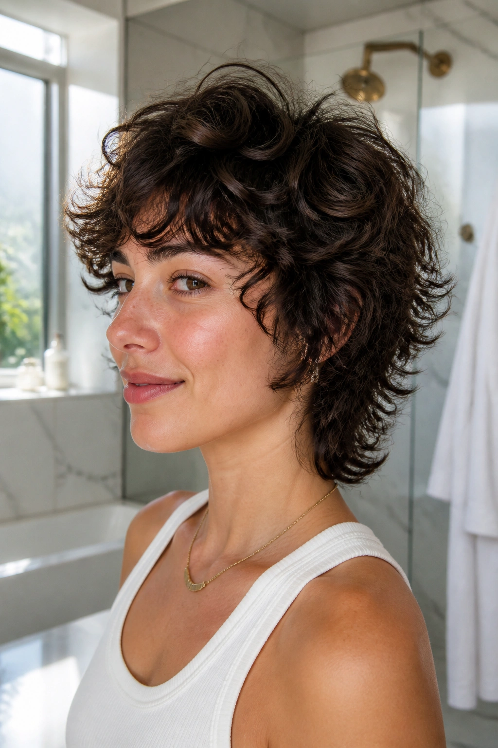 Close-up portrait of a real woman with short curly hair and tapered ends in a Short Curly Shag with Tapered Ends.