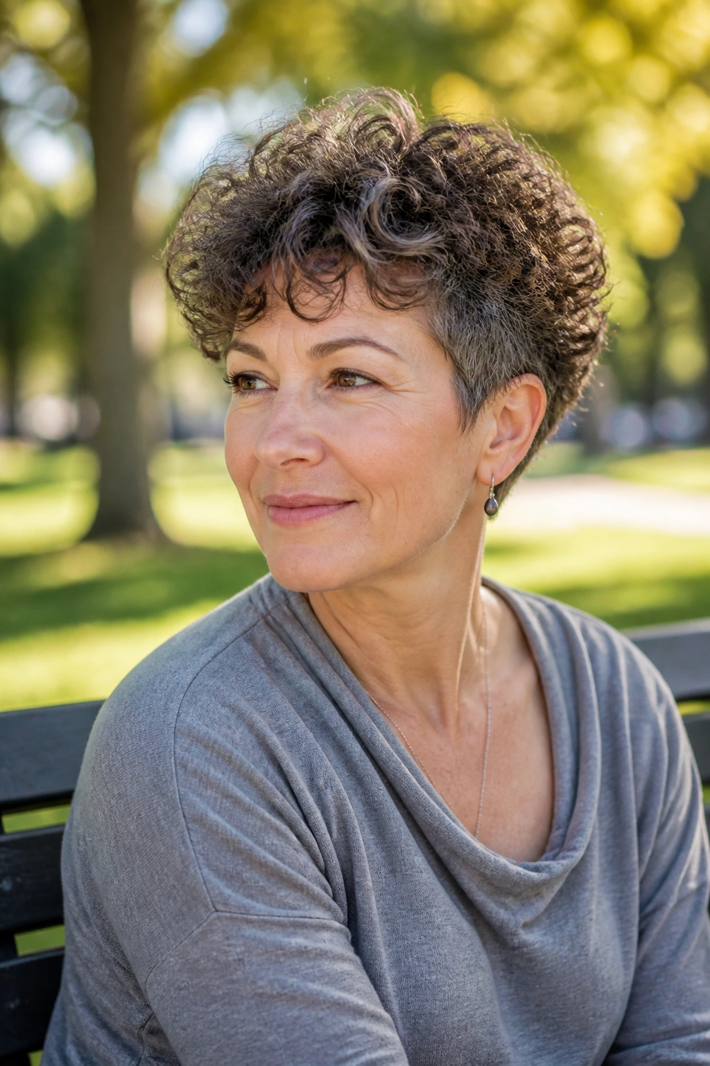 Close-up of a real woman with short curly shag and tapered sides.