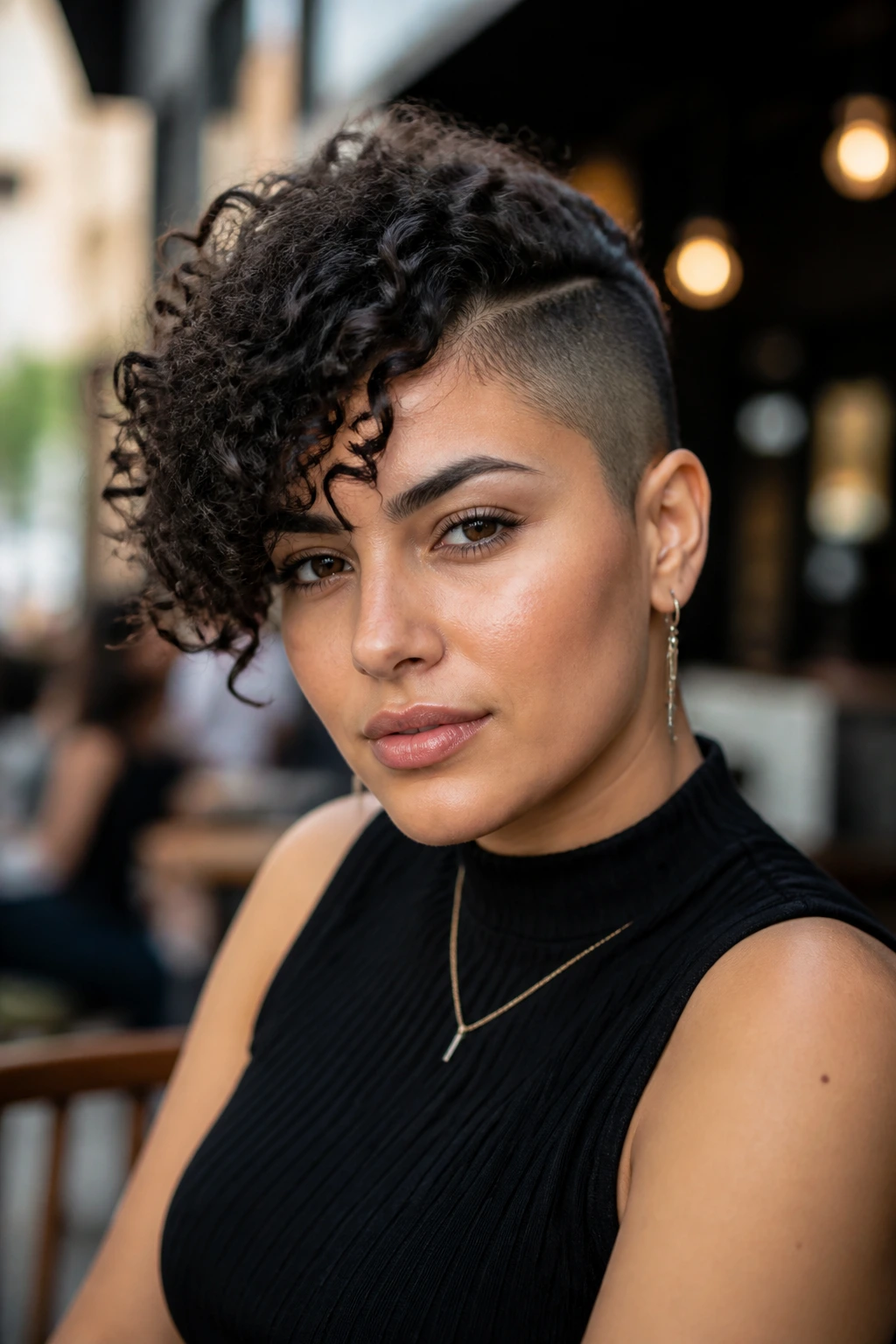 Head-and-shoulders portrait of a real person with short curly cut and shaved side