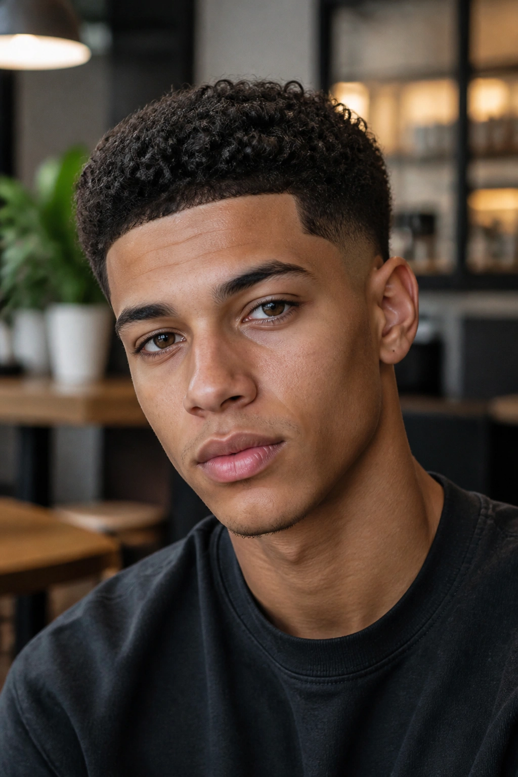 Close-up portrait of a man with short curly taper fade hairstyle