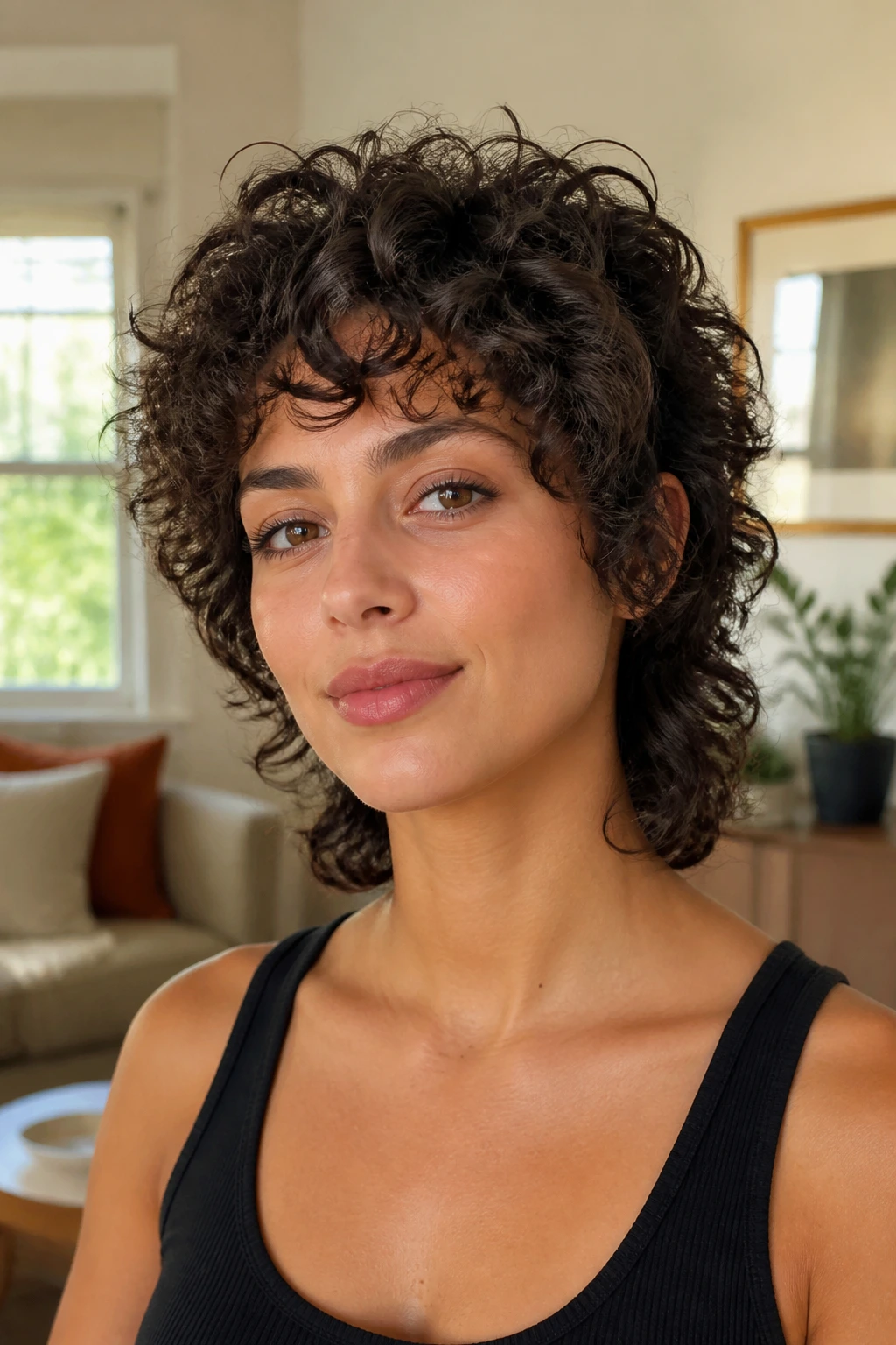 Close-up of a real person with a short curly wolf cut and choppy ends.