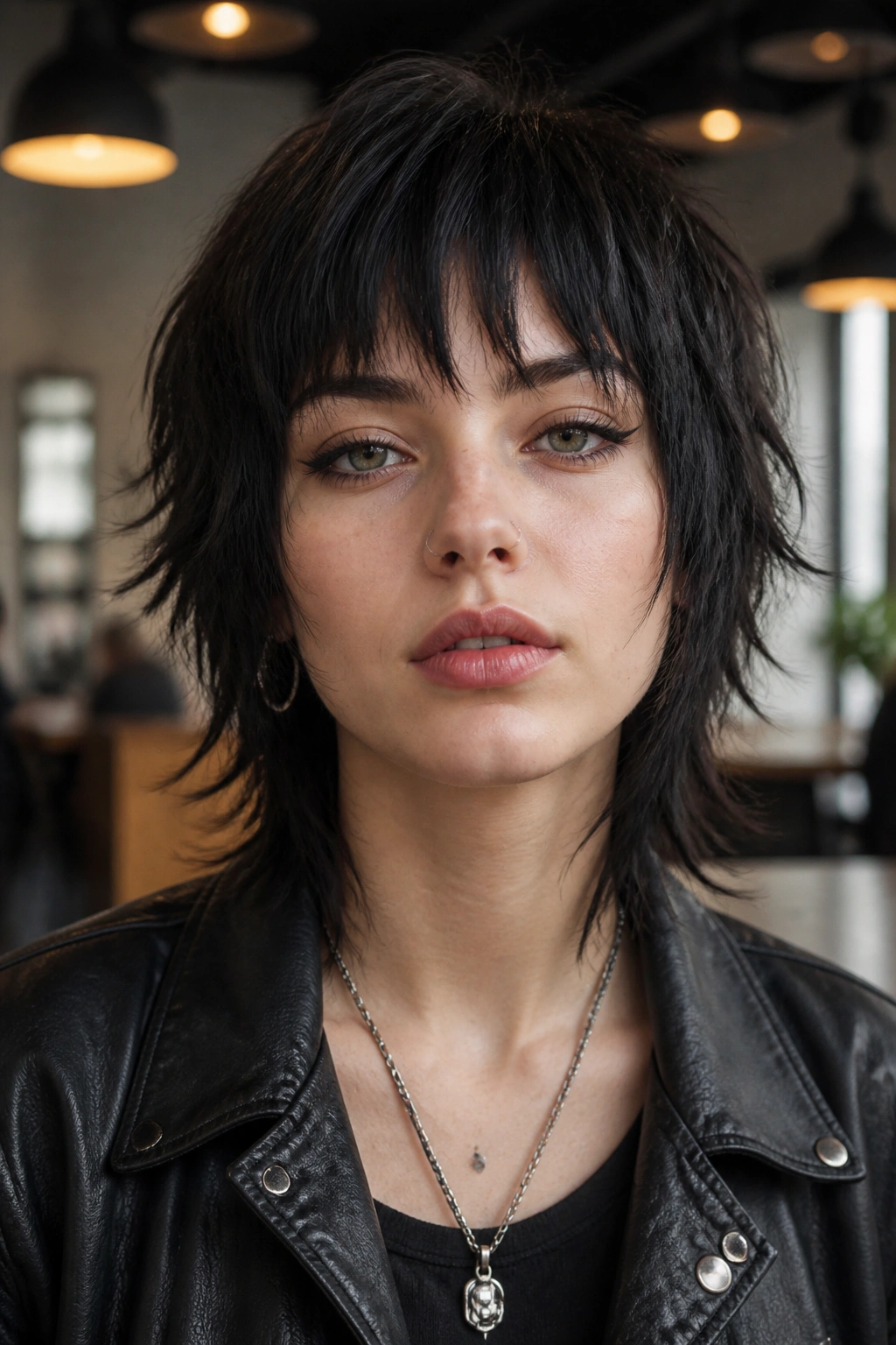 Real woman with short emo wolf cut and piecey fringe close-up.