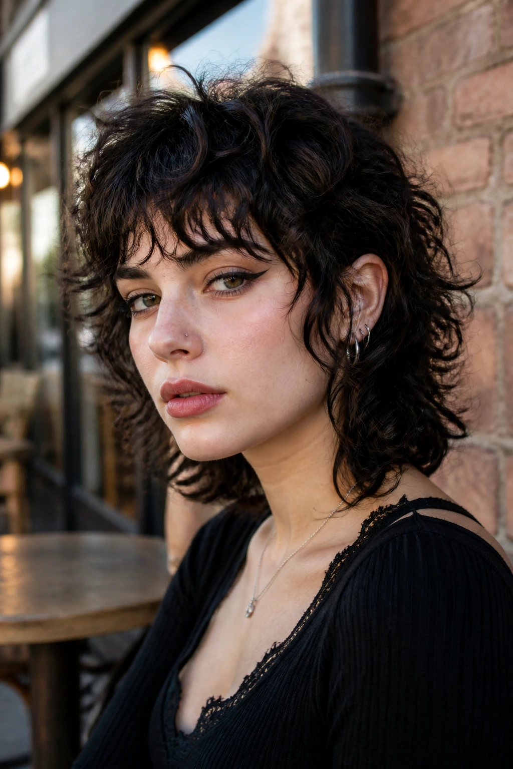 Close-up of a real person with a short curly emo wolf cut