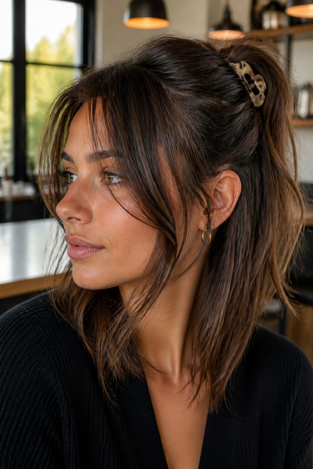 Real woman with short front layers and half-up ponytail with claw clip