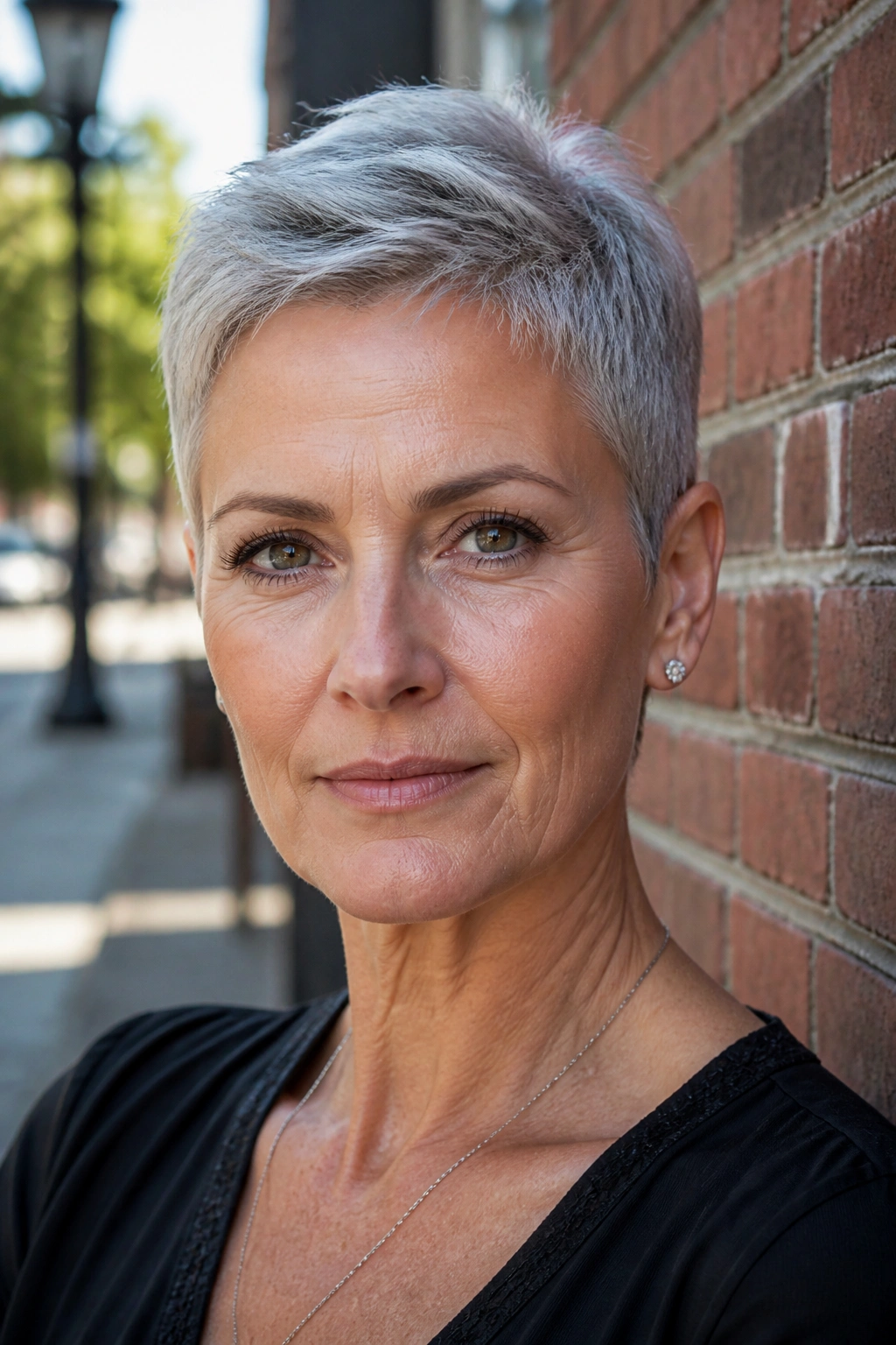 Portrait of a woman with a short gray crop and tucked sides