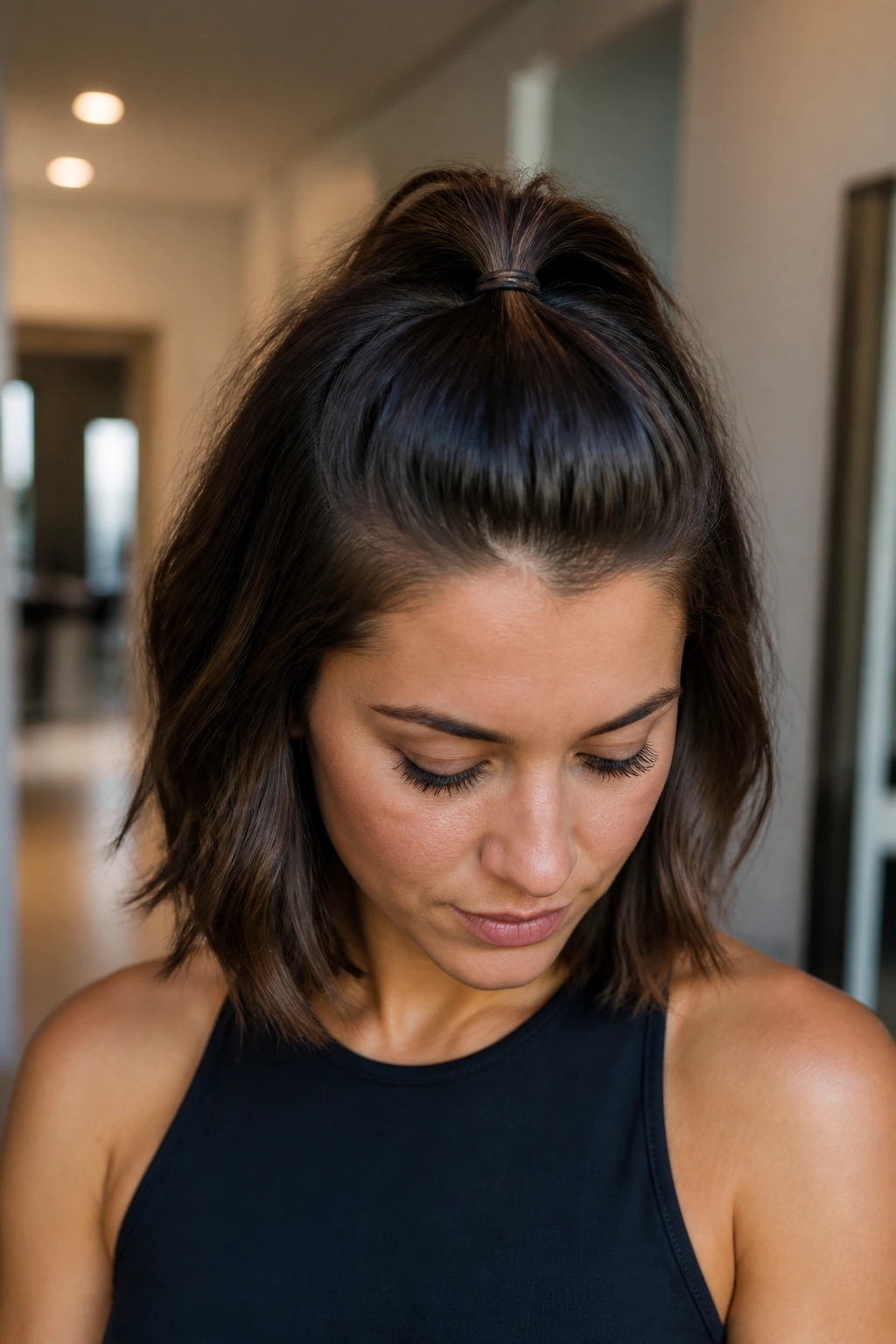 Close-up of a real person with a short hair half ponytail in a warm-lit hallway.