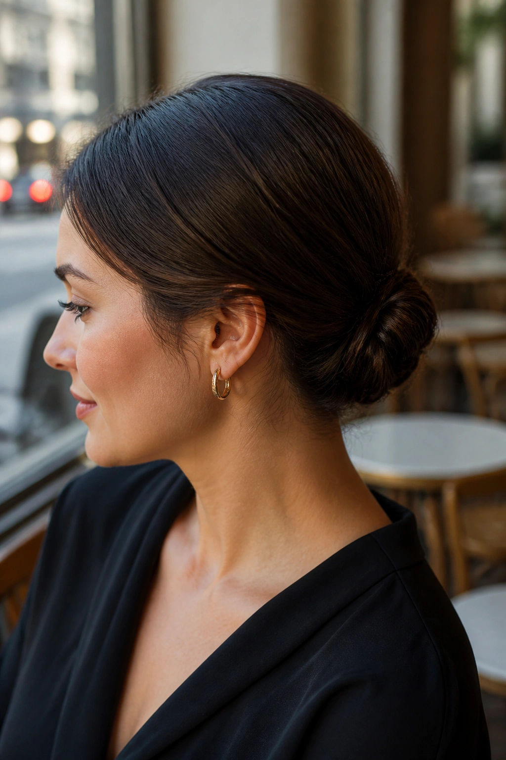 Close-up of a real woman with short hair in a compact low bun near the nape.