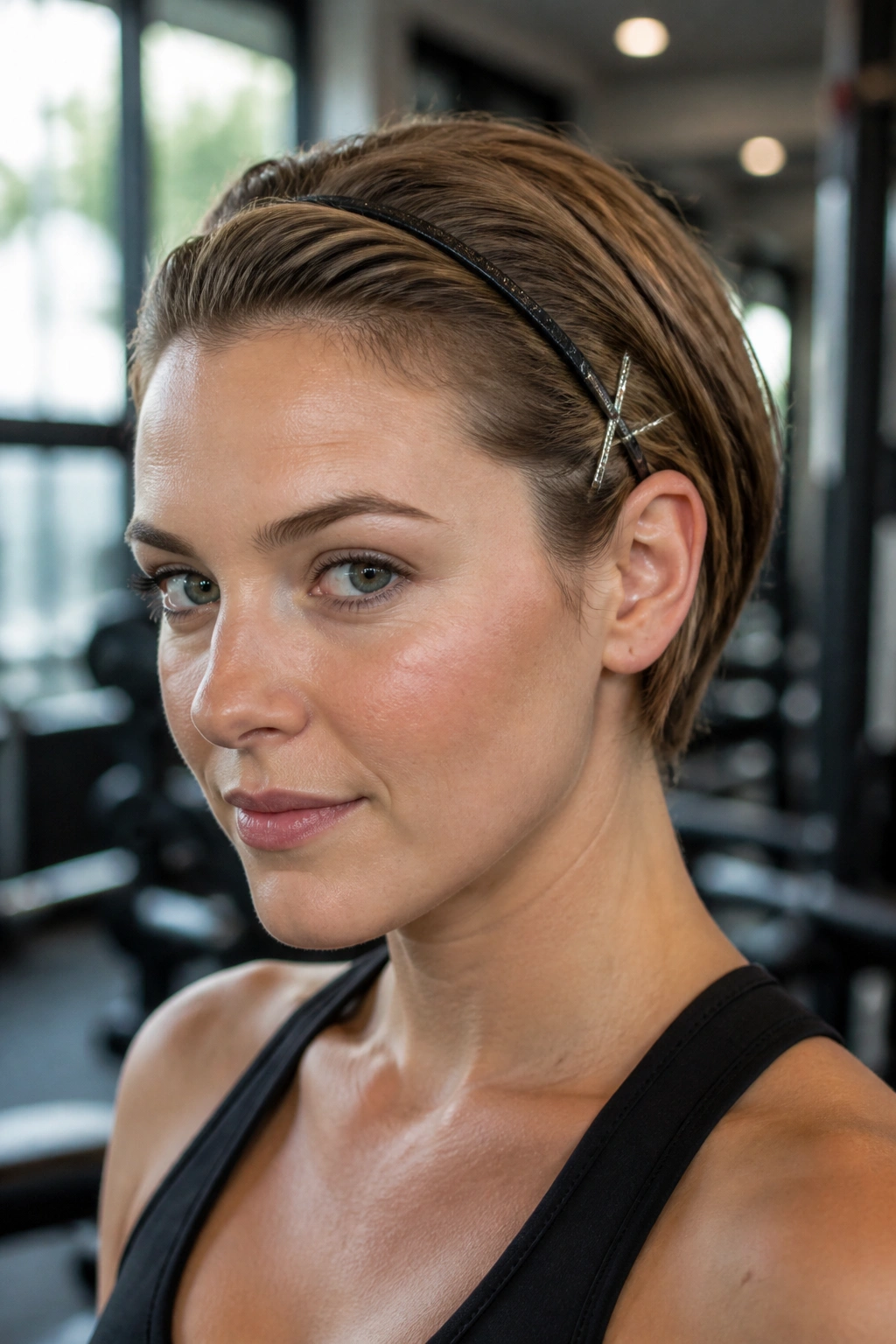 Close-up of a real woman with a short sporty tuck hairstyle, headband and crossed bobby pins