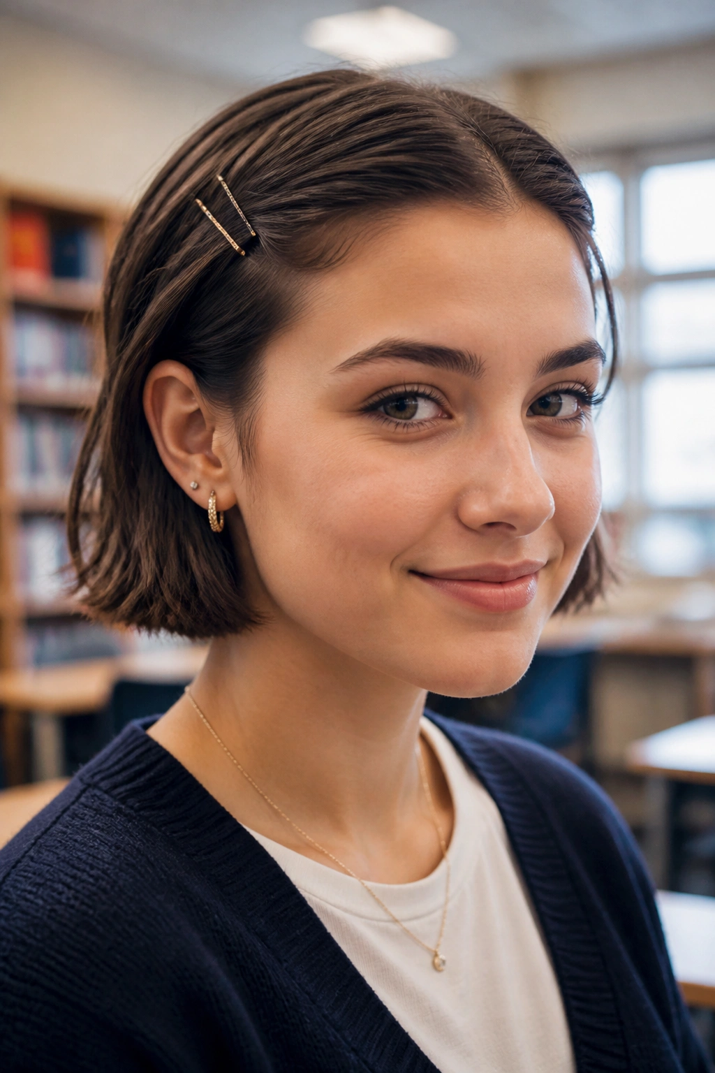 Real person with short-hair tucked clips in a school setting
