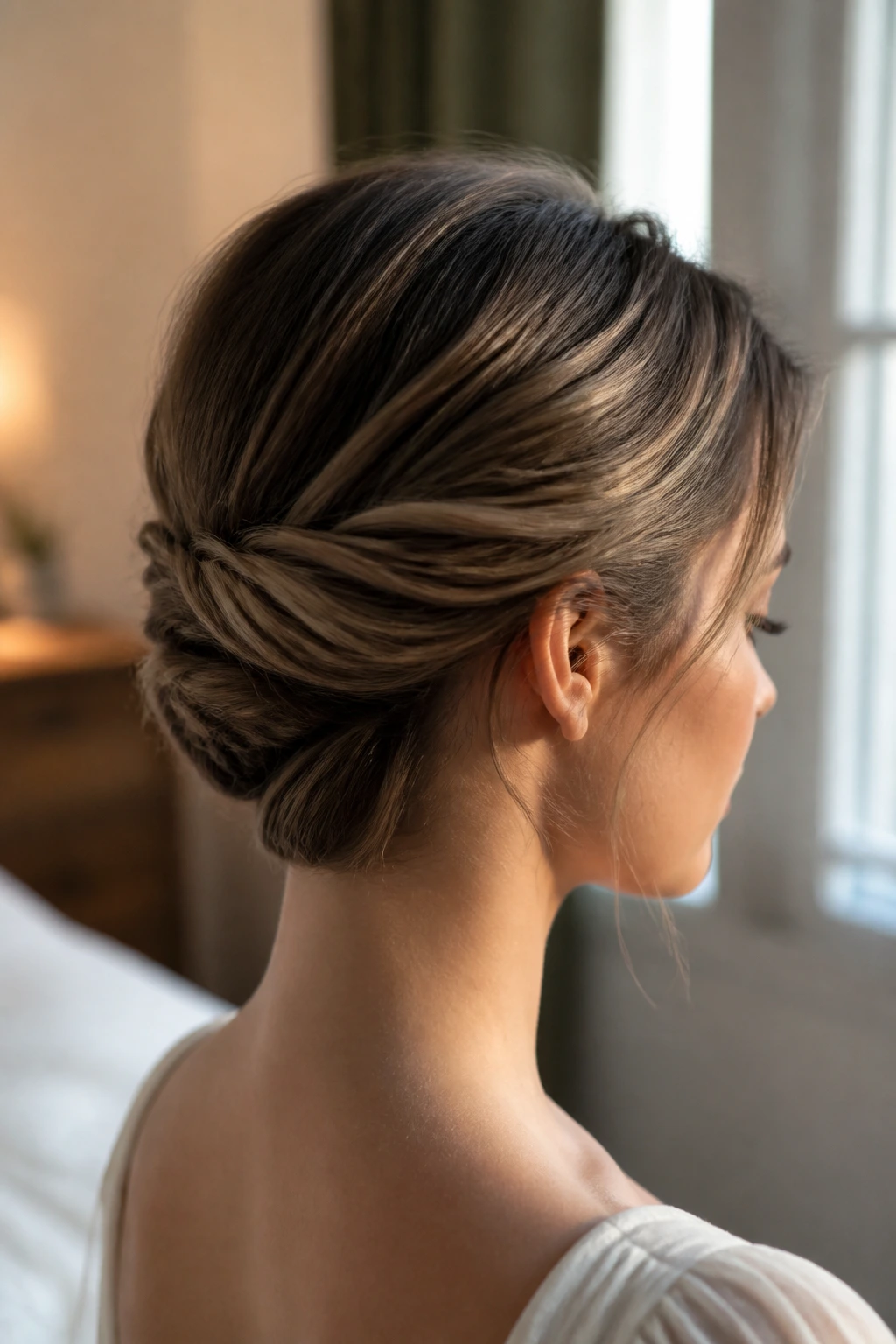 Close-up of a real woman with a minimalist tucked knot on a short bob in warm bedroom light