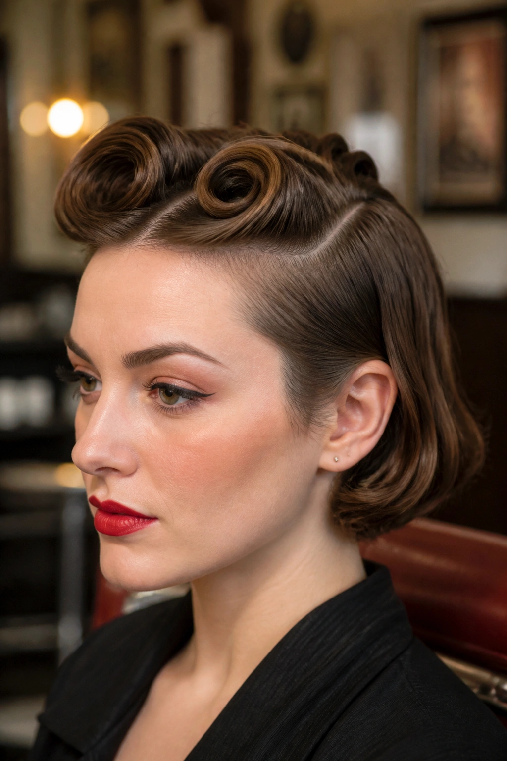 Close-up of a real person with short-hair mini victory rolls.