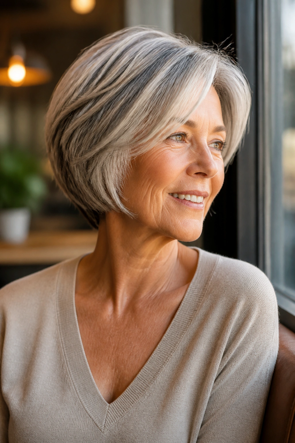 Close-up portrait of a real woman with a short layered bob exposing the neck