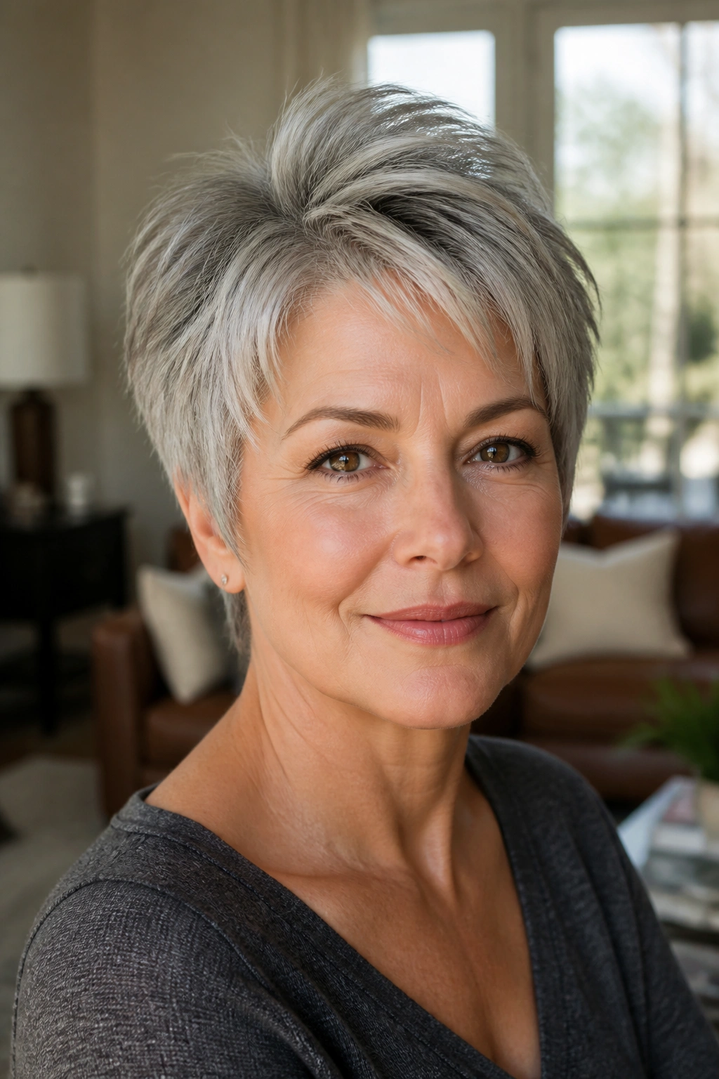 Close-up of a real woman with a short layered crop and crown volume, gray roots visible