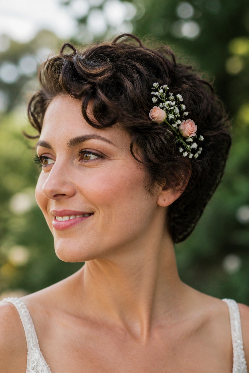 Close-up of a real bride with short layered curls and small floral sprigs tucked in