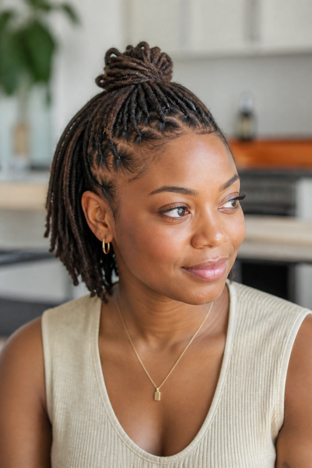 Close-up of a real person with a short locs mini bun half-up hairstyle