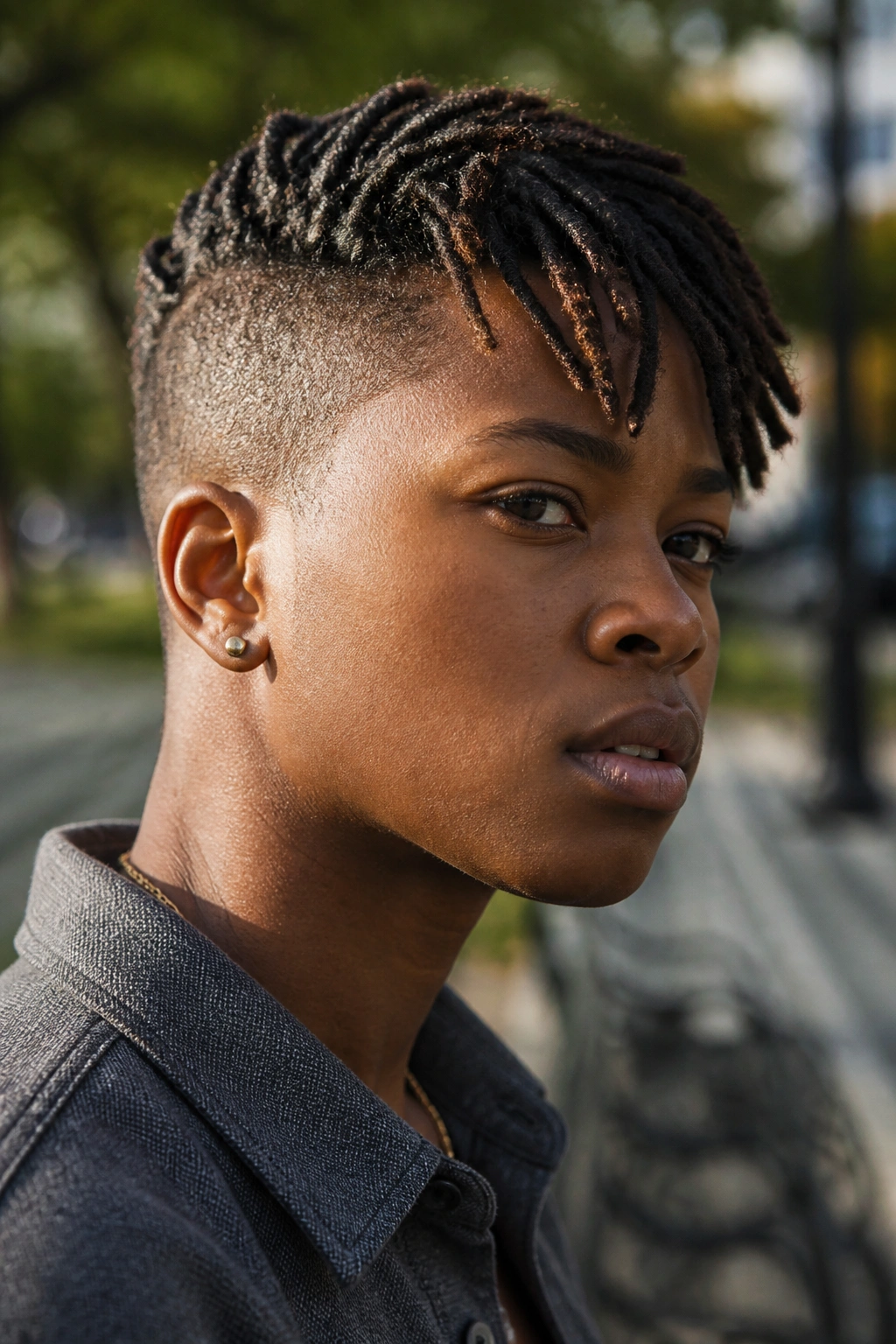 Close-up of a real person with short locs and shaved sides in daylight