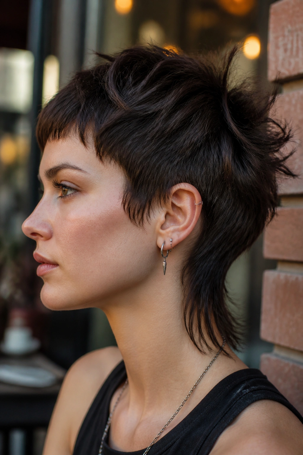 Short mullet pixie close-up side profile on real person in urban cafe setting