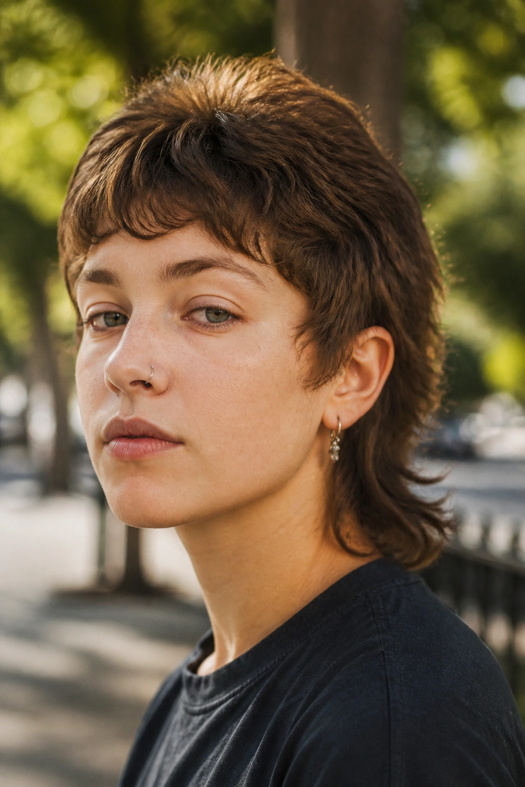 Close-up of a real person with a short mullet and soft layers in natural light.