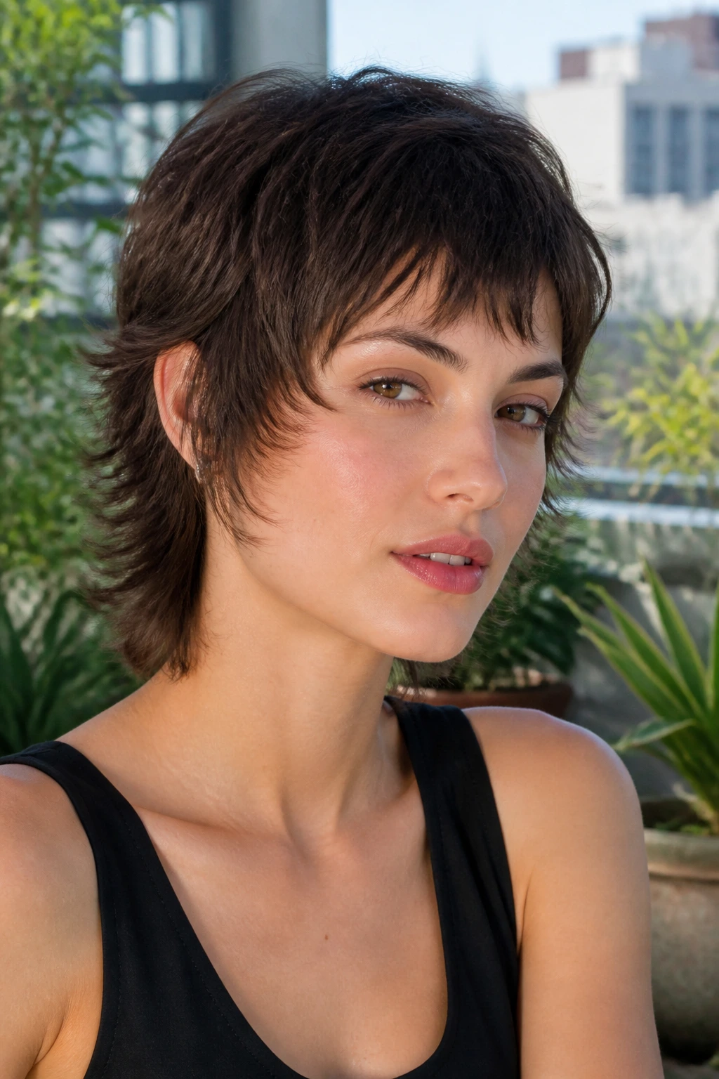 Close-up of a woman with a short mullet and soft temple framing