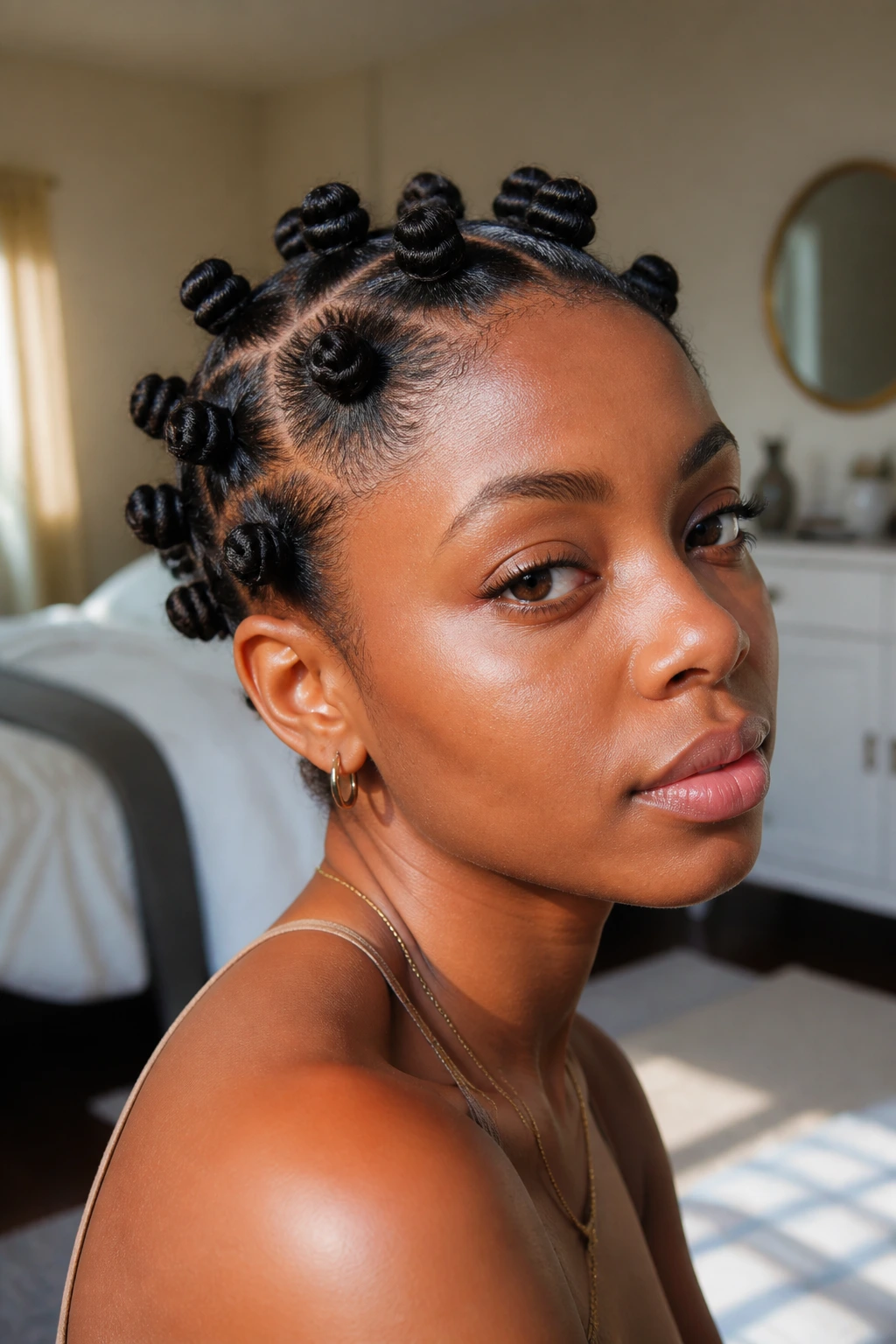 Close-up of short natural hair Bantu knots on a real person