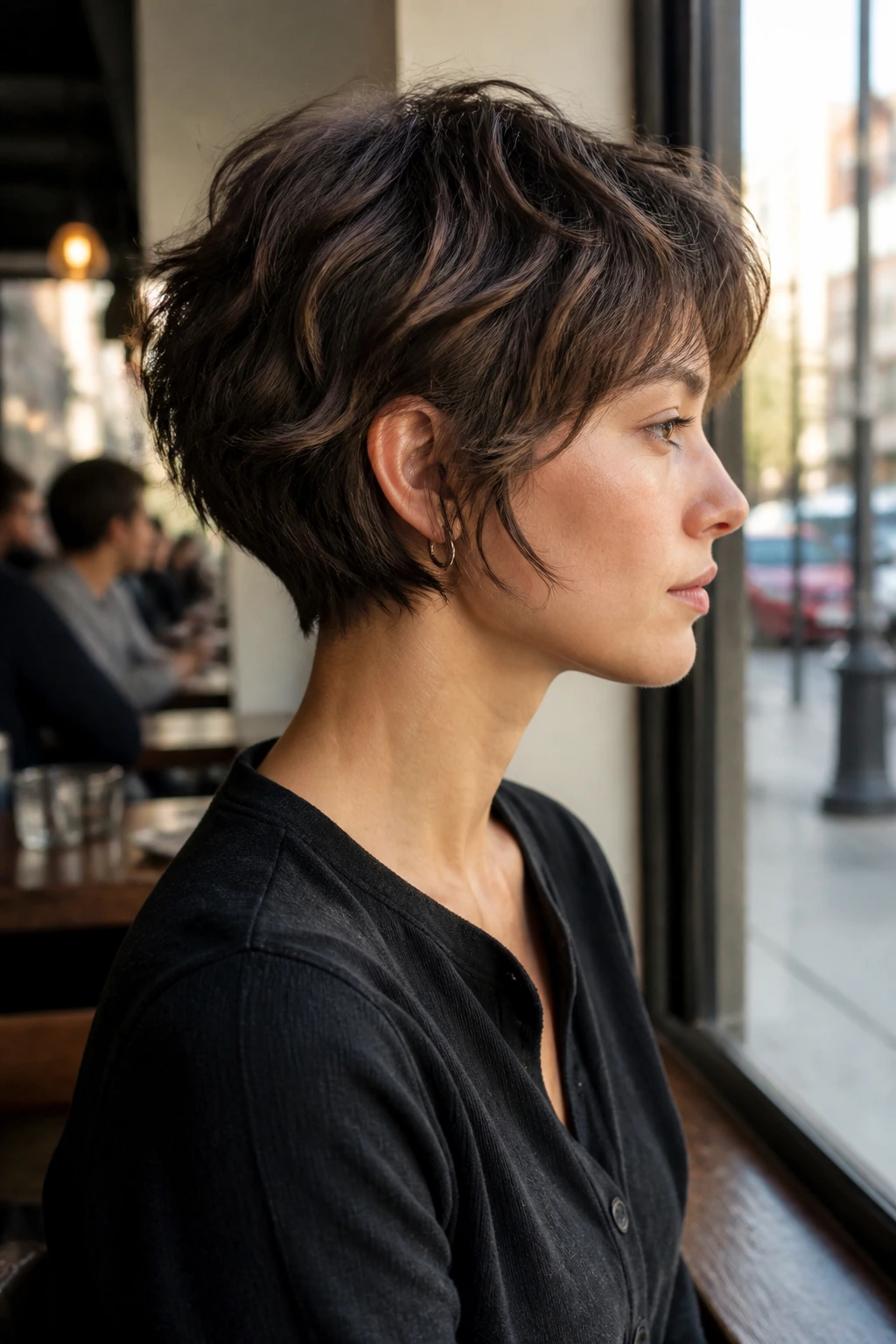 Profile of a real woman with short neckline shag showing short nape and textured front