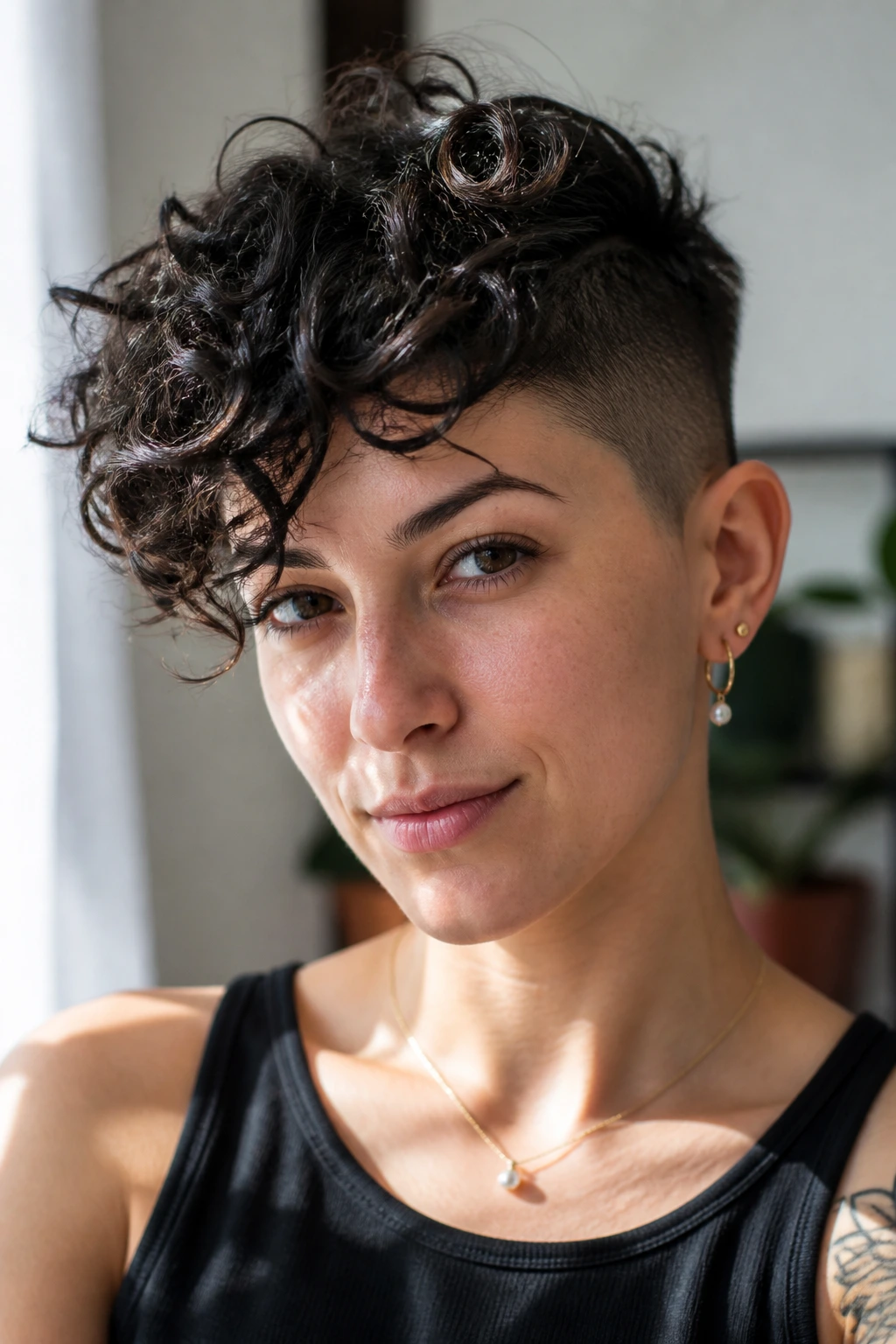 Portrait of real person with short perm and undercut, top curls over shaved sides