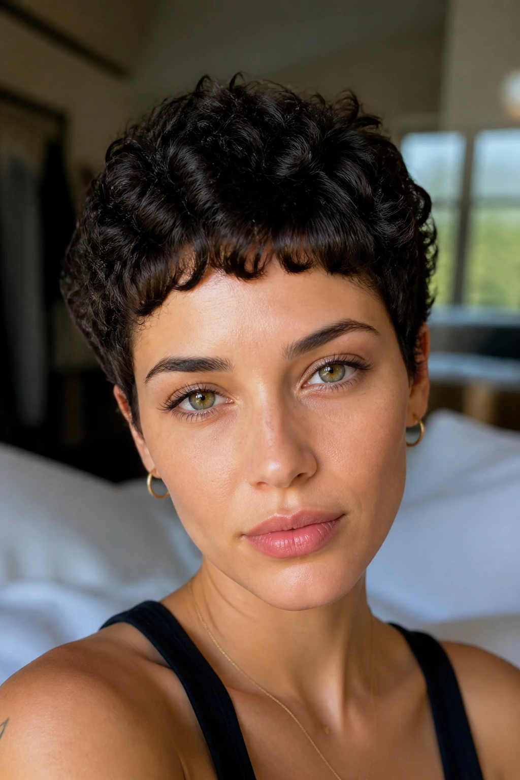 Close-up portrait of a real person with micro bangs on a short pixie