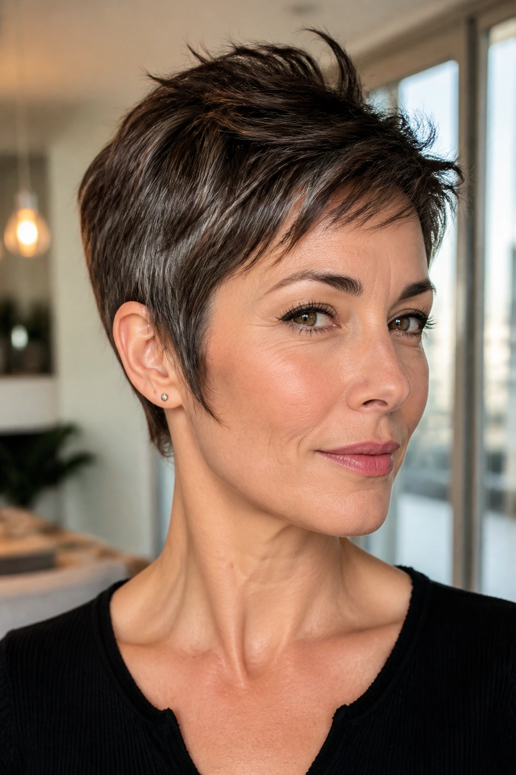 Close-up of a real woman with a short pixie and visible sideburn detail in warm window light