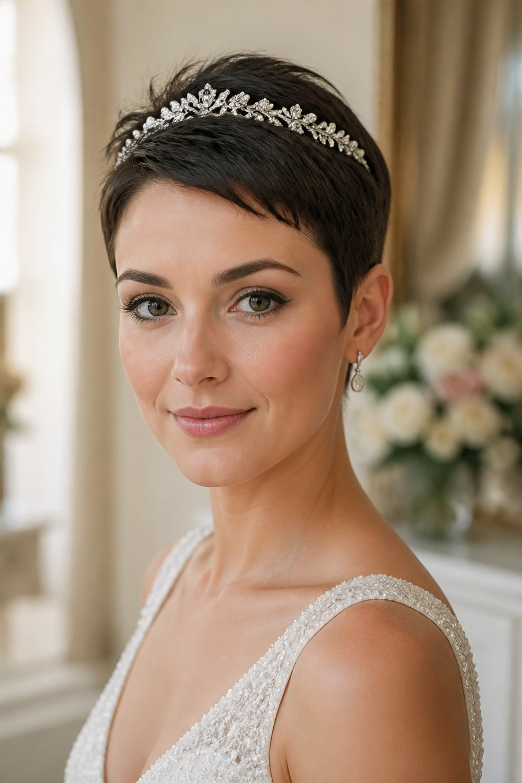 Close-up of a real bride with a short pixie and petite tiara
