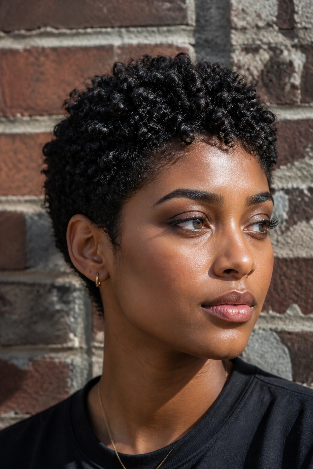 Close-up portrait of a real person with a short sculpted crop highlighting coil texture in daylight.