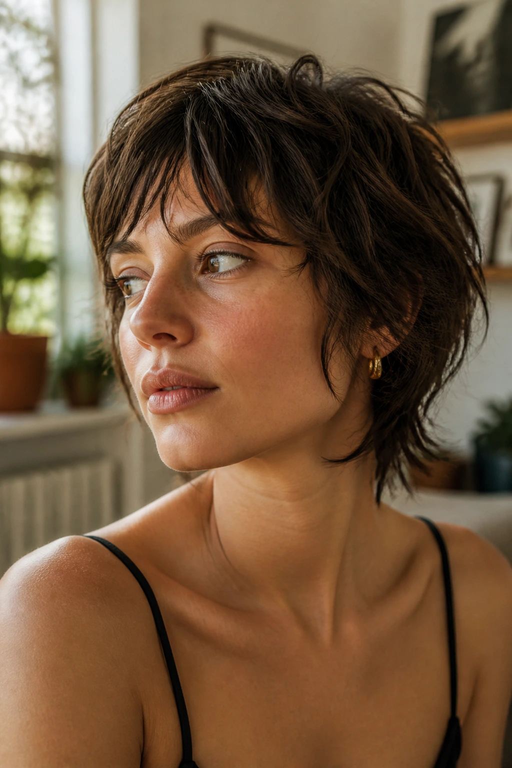 Close-up of a real person with a short shag and air-dried texture
