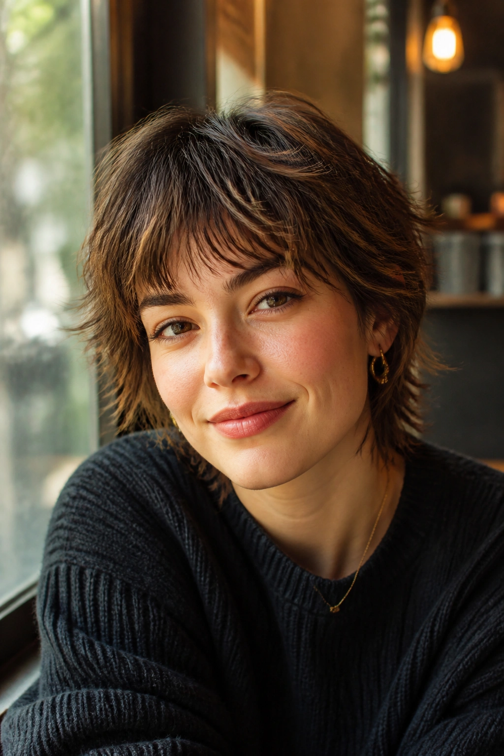 Close-up portrait of a real woman with short shag bangs.