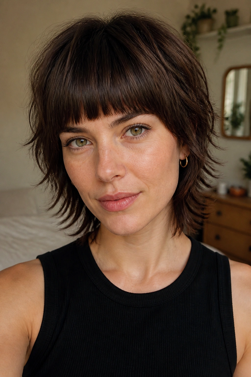 Close-up portrait of a real woman with a short shag and blunt bangs.