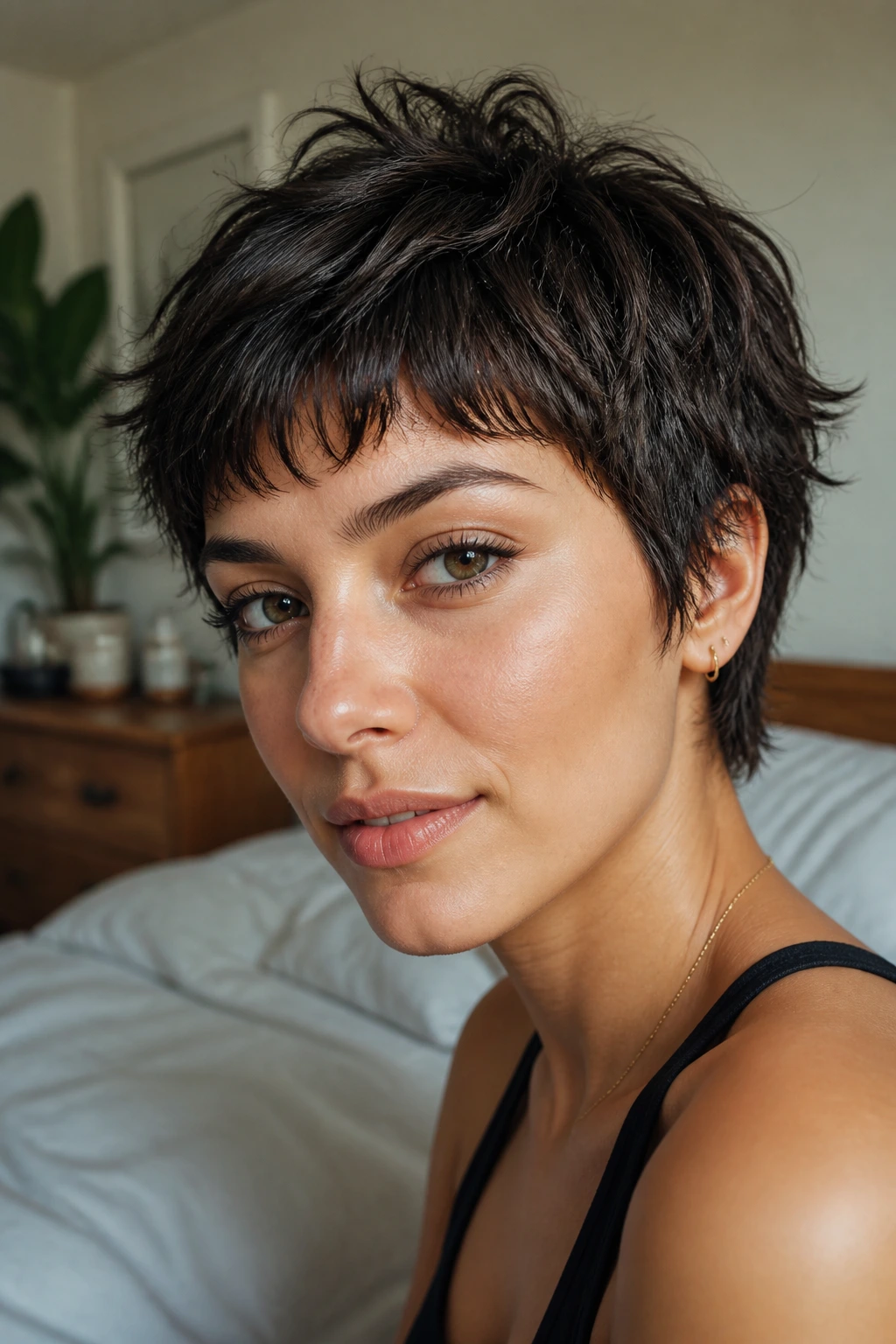Close-up portrait of a real woman with a short shag crop hairstyle