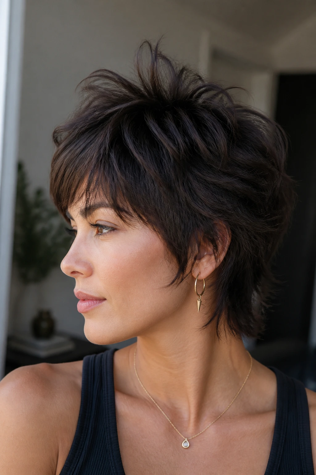Close-up of a real person with short shag and crown layers, lifted crown