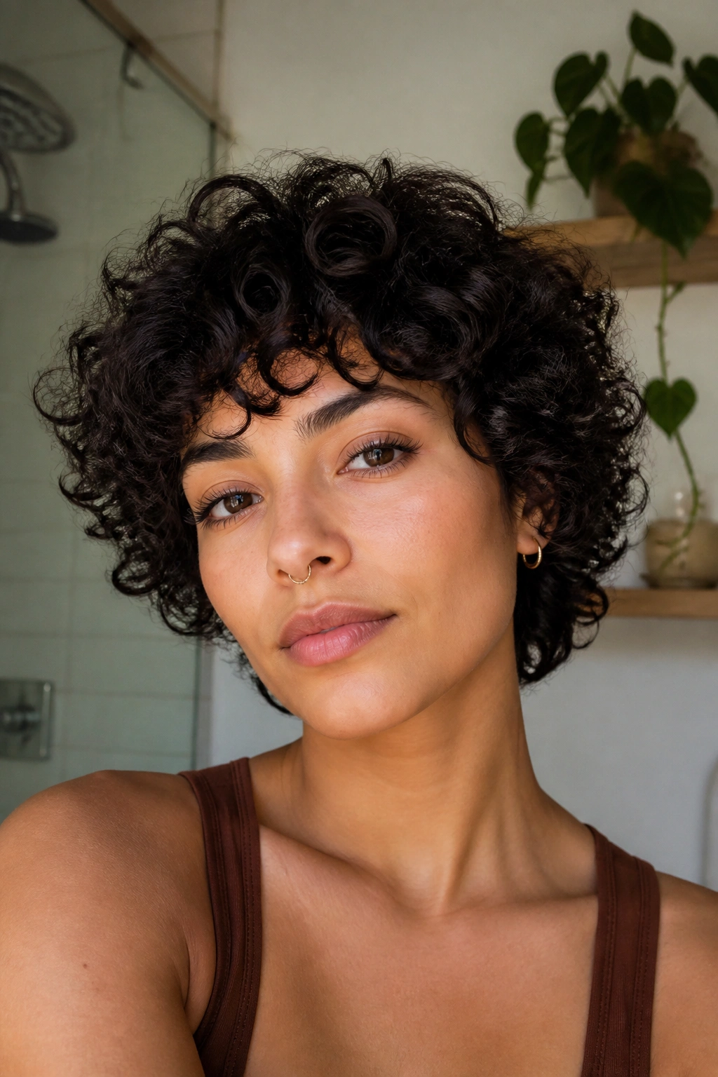 Close-up of a real person with short shag for curly coils
