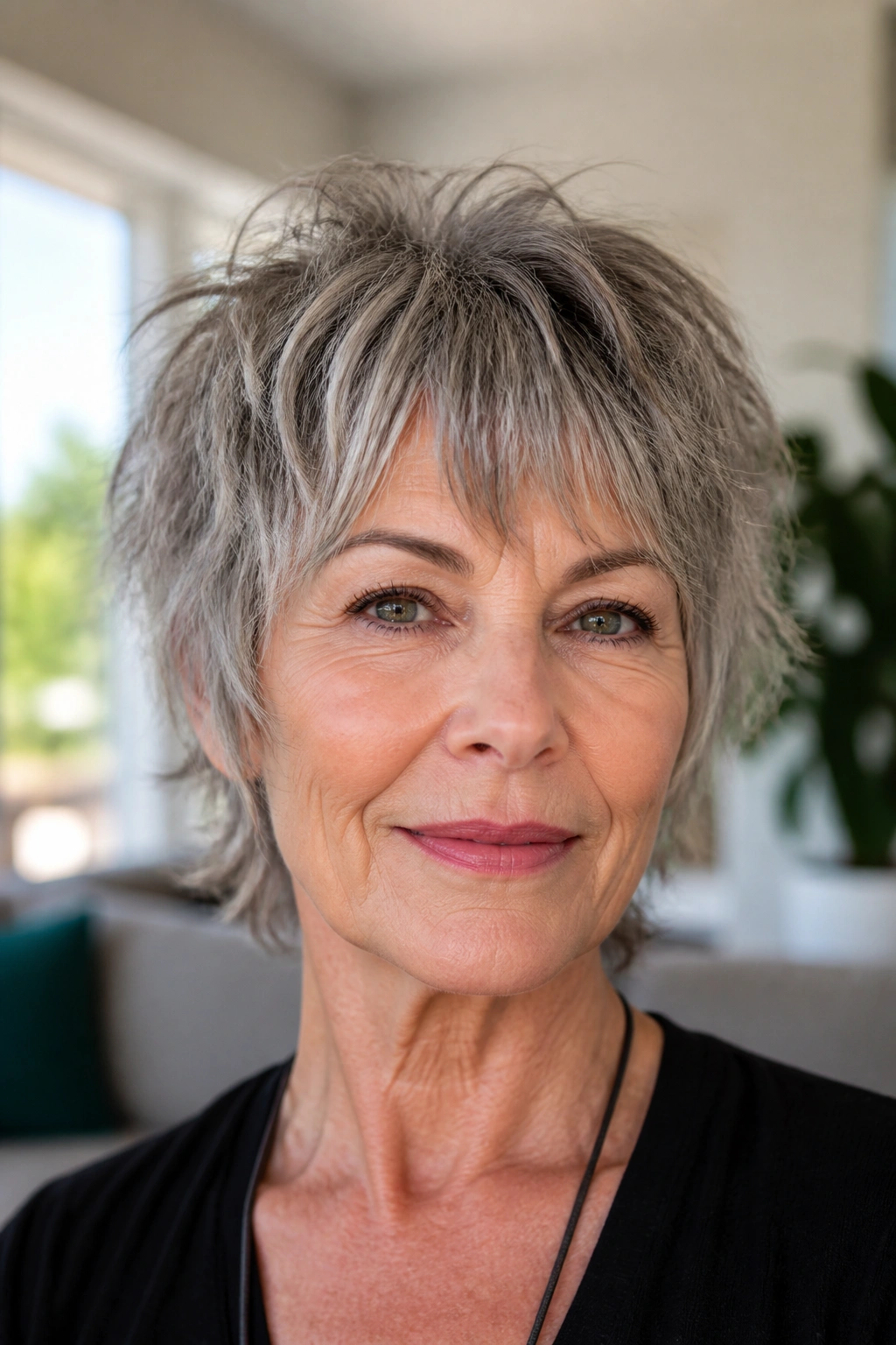 Close-up portrait of a real woman with short shag and choppy fringe