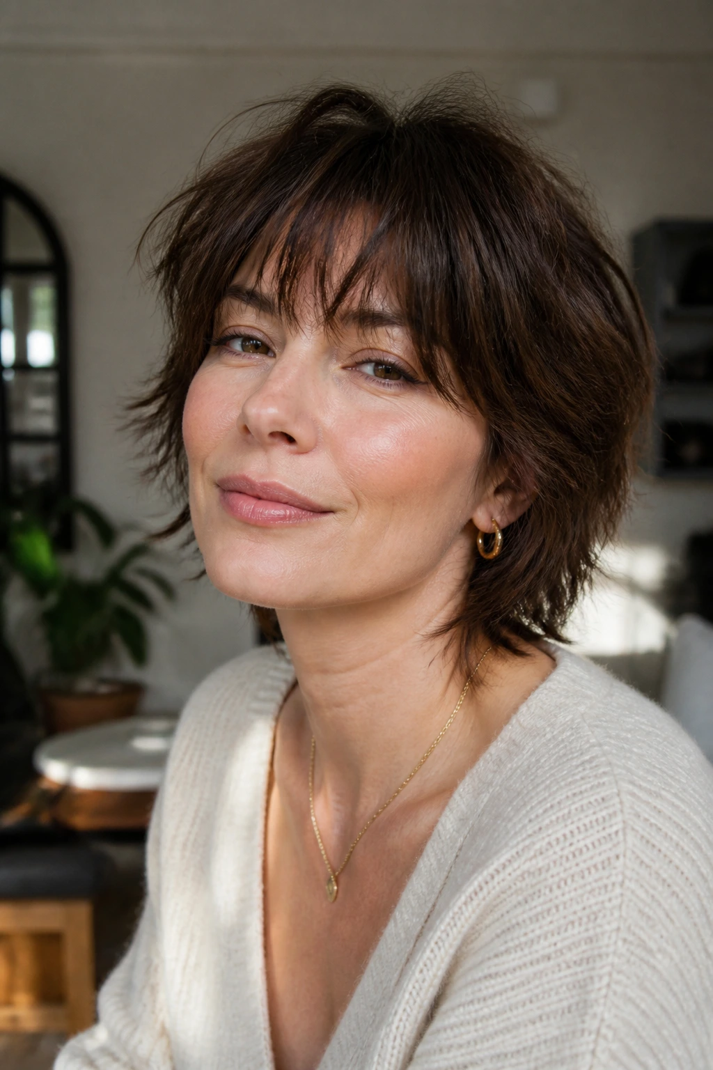 Real woman with short shag and wispy fringe in a cozy living room with natural light.