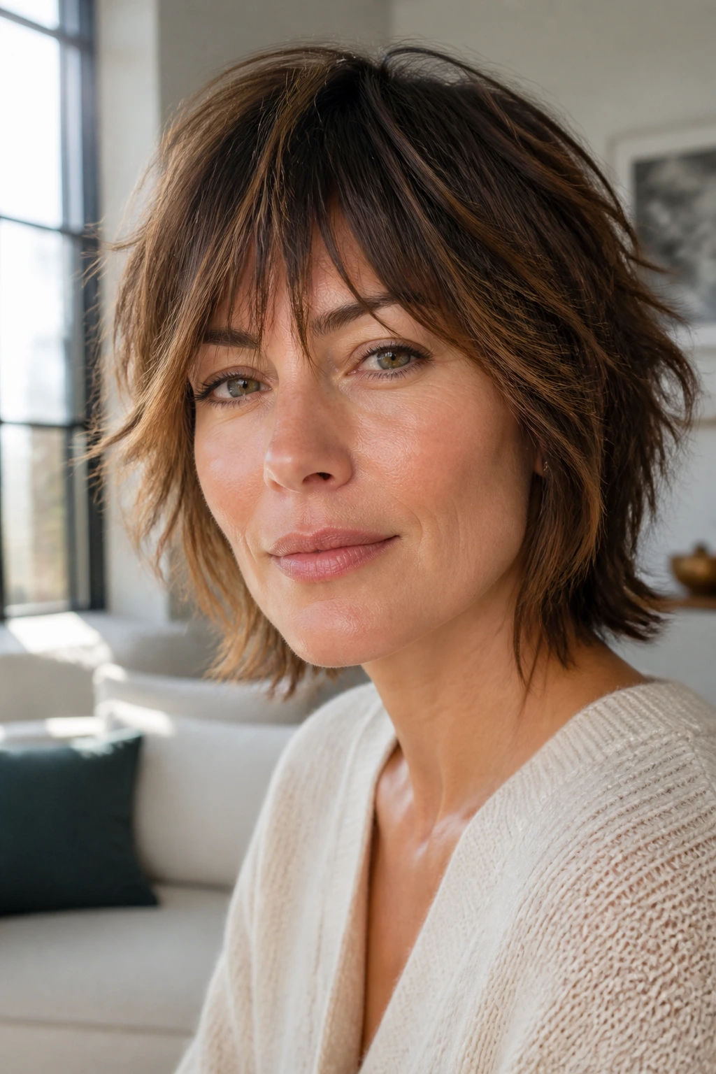 Close-up of a woman with a short shag and feathered fringe in natural light