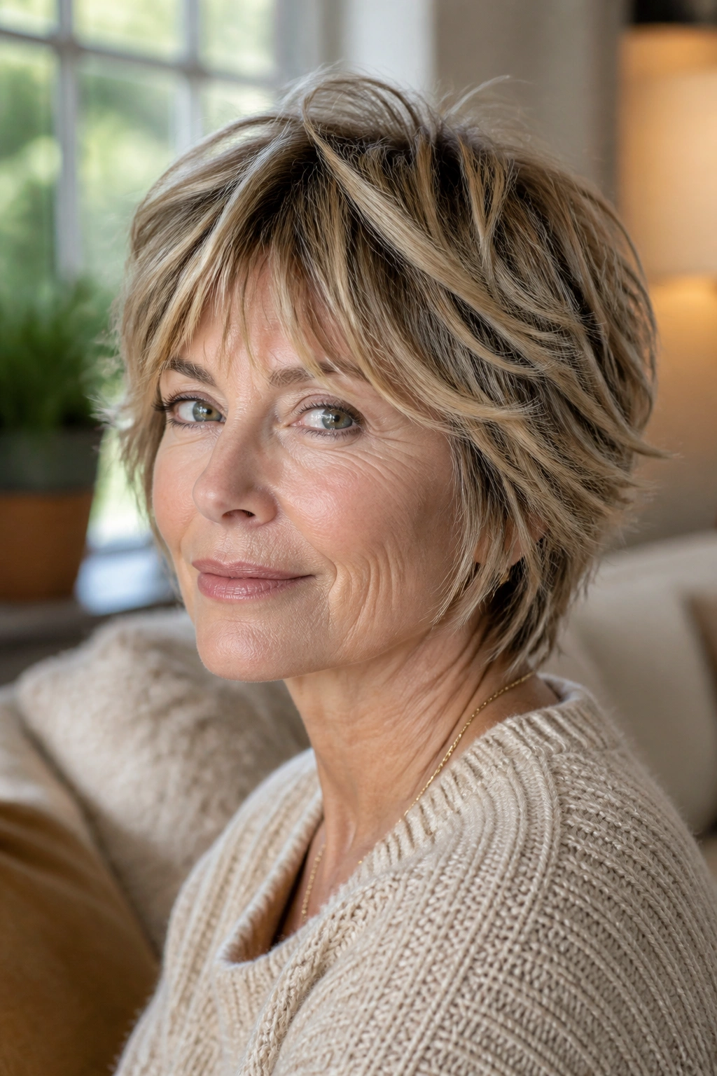 Close-up of real woman with short shag hairstyle and textured layers